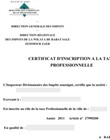 Certificat d'inscription à la taxe professionnelle